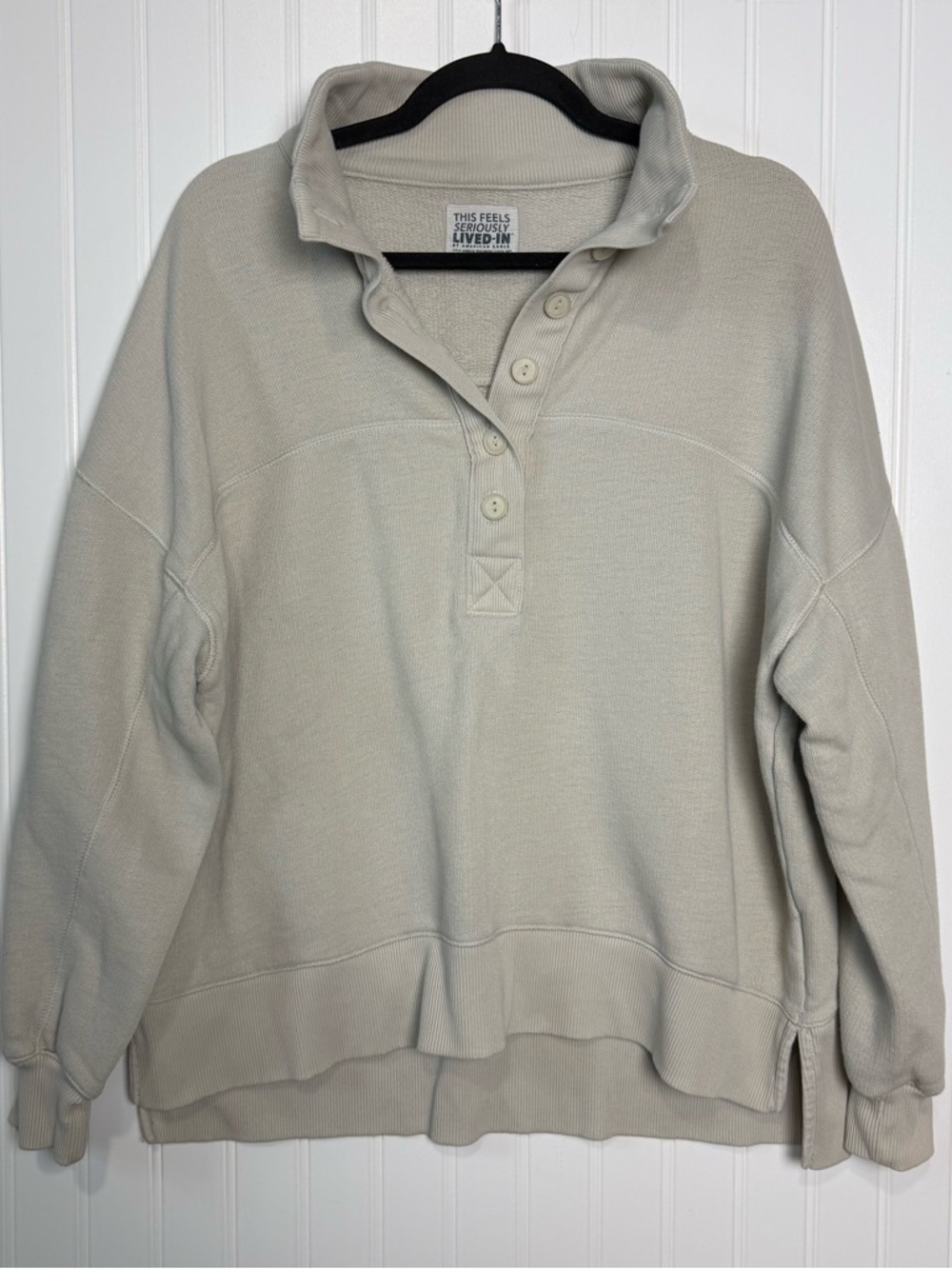 AE Big Hug Henley Sweatshirt Oatmeal Neutral Oversized Cozy Small